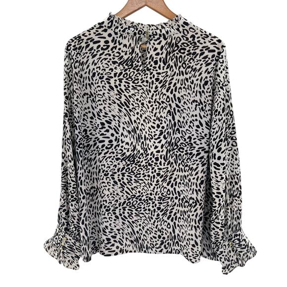 DKNY Animal Printed Ruffle-Neck Ling Sleeve Business Casual Boho Blouse Size XL - Picture 9 of 11